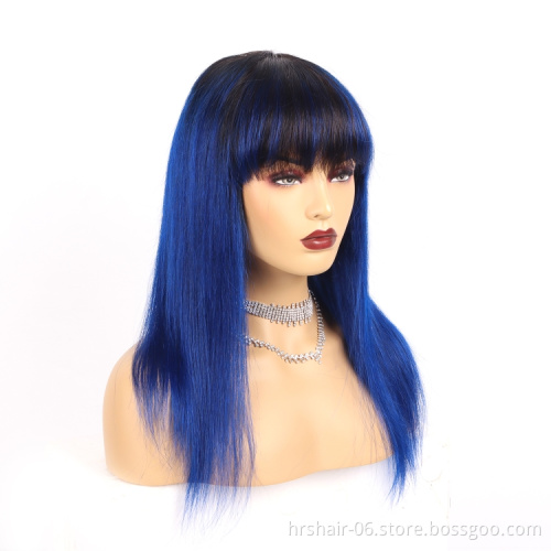 100% human hair T1B/Blue Color Brazilian Remy hair wigs with Bangs Full Machine Made Wigs no Lace wigs For Women